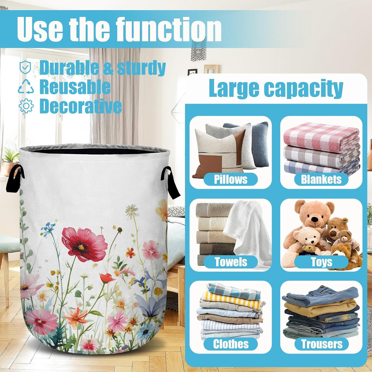 Watercolor Wildflowers Laundry Basket, Floral Laundry Hamper Collapsible Oxford Cloth with Handle Clothes Storage Bin for Bathroom Laundry Room Bedroom 15.7 X 20 Inch