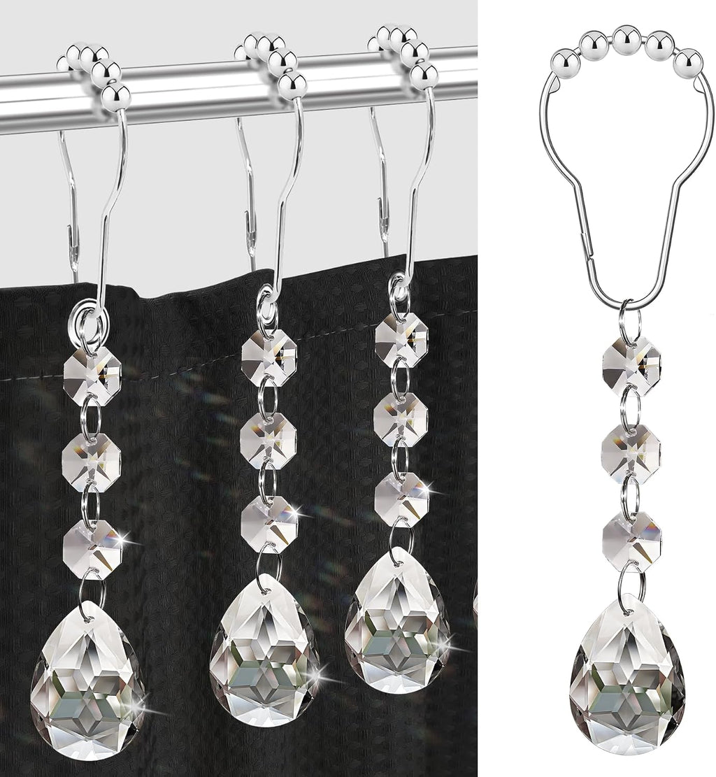 Shower Curtain Hooks Rings for Bathroom, 12PCS Shower Hooks with Gemstone Crystal Bead Charms, Stainless Steel Rust Resistant Curtain Rings (Clear Bloomdrop)