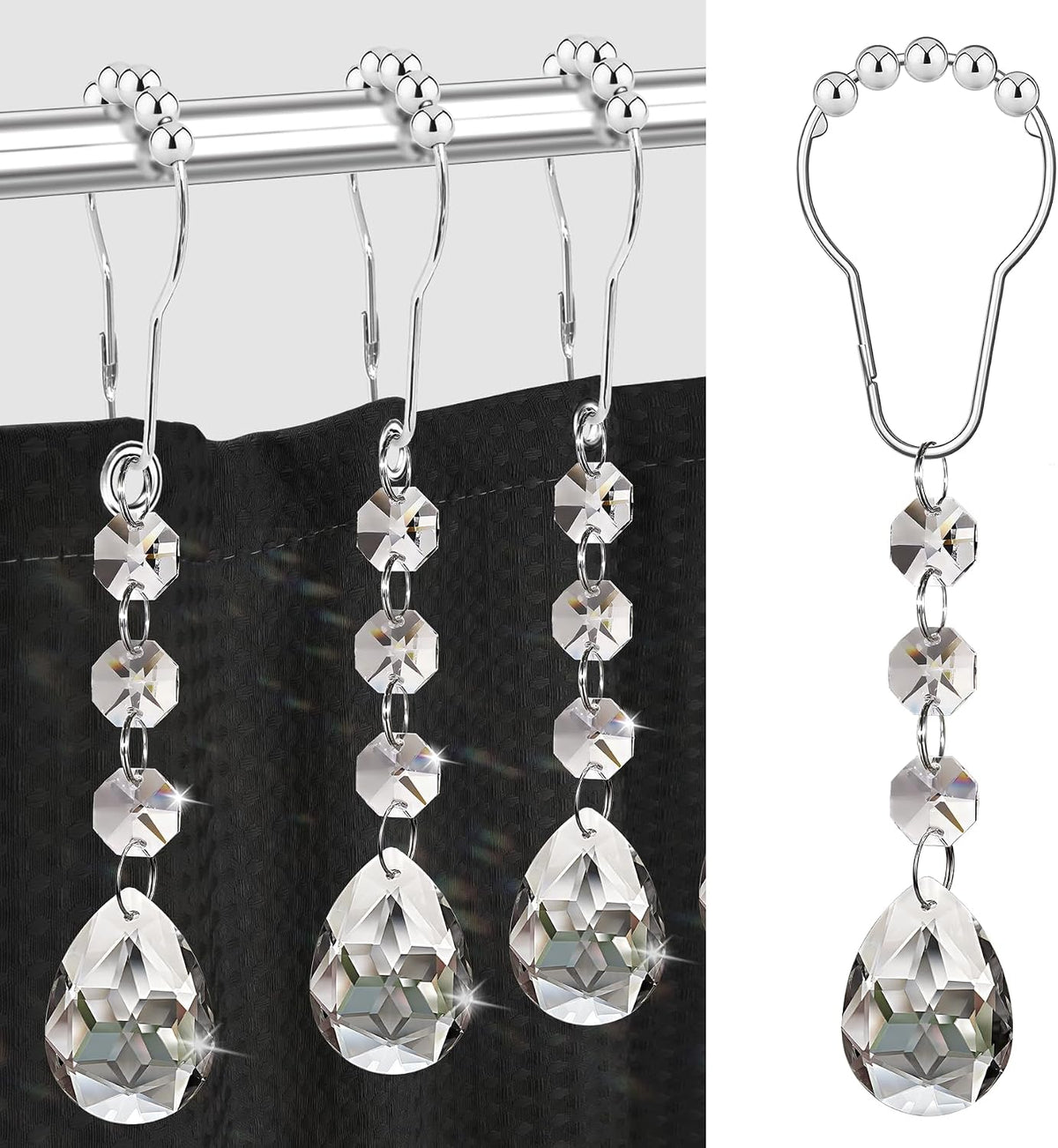 Shower Curtain Hooks Rings for Bathroom, 12PCS Shower Hooks with Gemstone Crystal Bead Charms, Stainless Steel Rust Resistant Curtain Rings (Clear Bloomdrop)