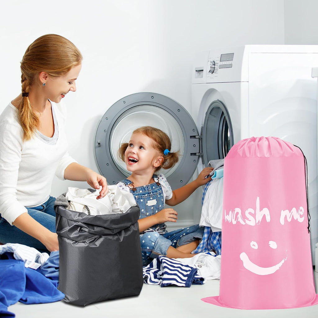 4 Piece Drawstring Travel Laundry Bag, Large Laundry Bag, Men's and Women's Dirty Laundry Travel and Gym Bag, Waterproof Wetproof Bag，Smiley Face