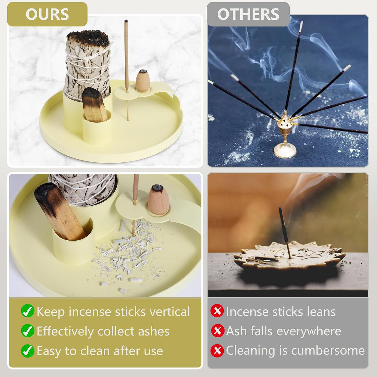 Multifunction Incense Holder, Sage Burner Holder, Palo Santo Holder Burner, 5.47" Ash Catch Tray, Smudge Stick Holder with Handle for Incense Sticks Incense Cone Candle, Yoga Meditation and Room Decor