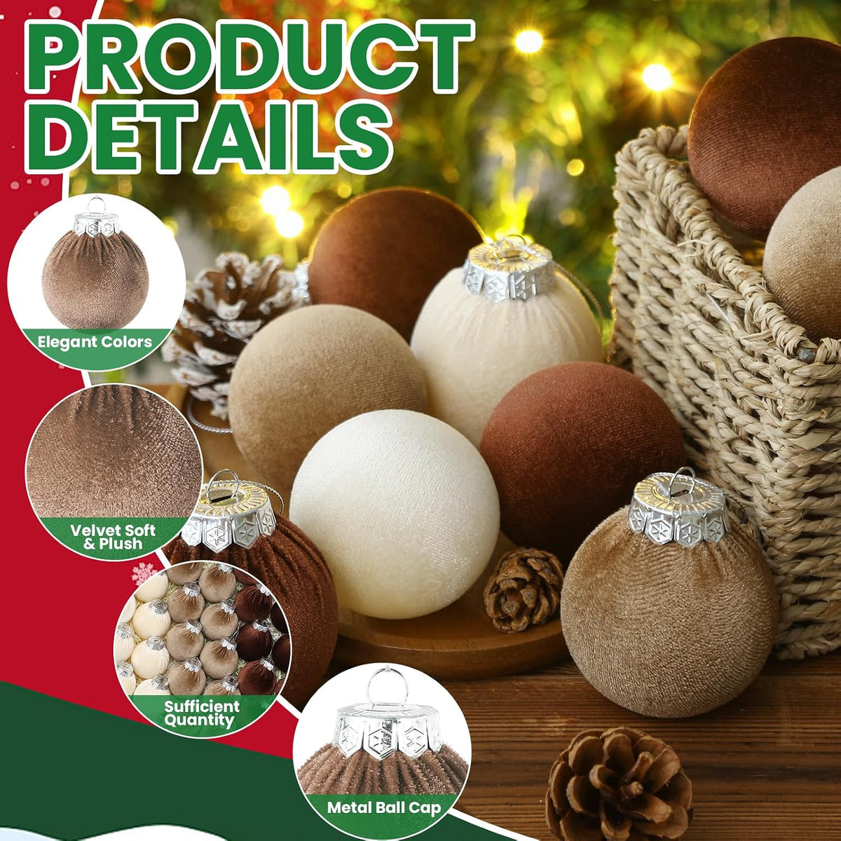 Velvet Christmas Balls Set 30pcs Velvet Christmas Tree Ornaments Shatterproof Xmas Hanging Balls Decorative Hanging for Xmas Holiday Family Home Store Indoor Decor,2.4inch,Neutral,Champagne,Brown