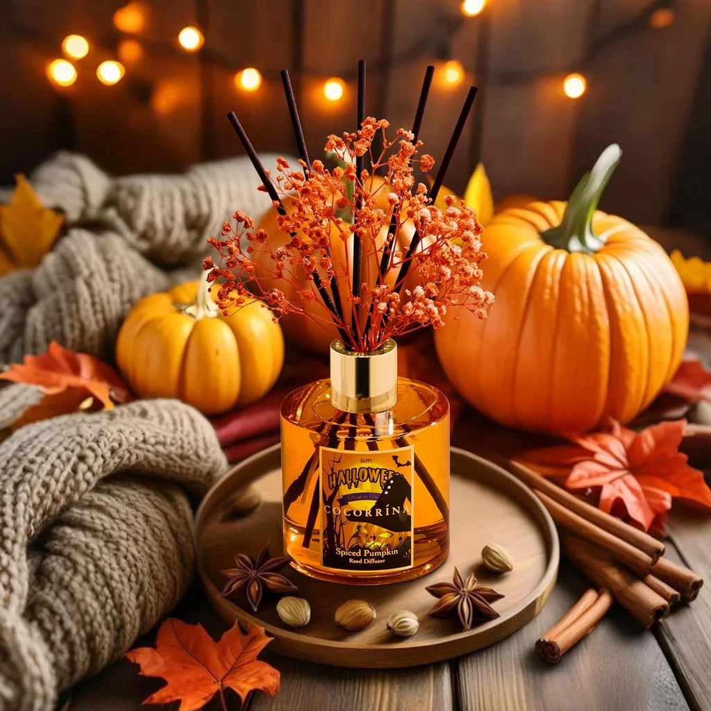 COCORRÍNA Reed Diffuser - Spiced Pumpkin 6.7 fl oz Scented Diffuser with 8 Sticks Home Fragrance Bathroom Shelf Decor (Halloween Collection)