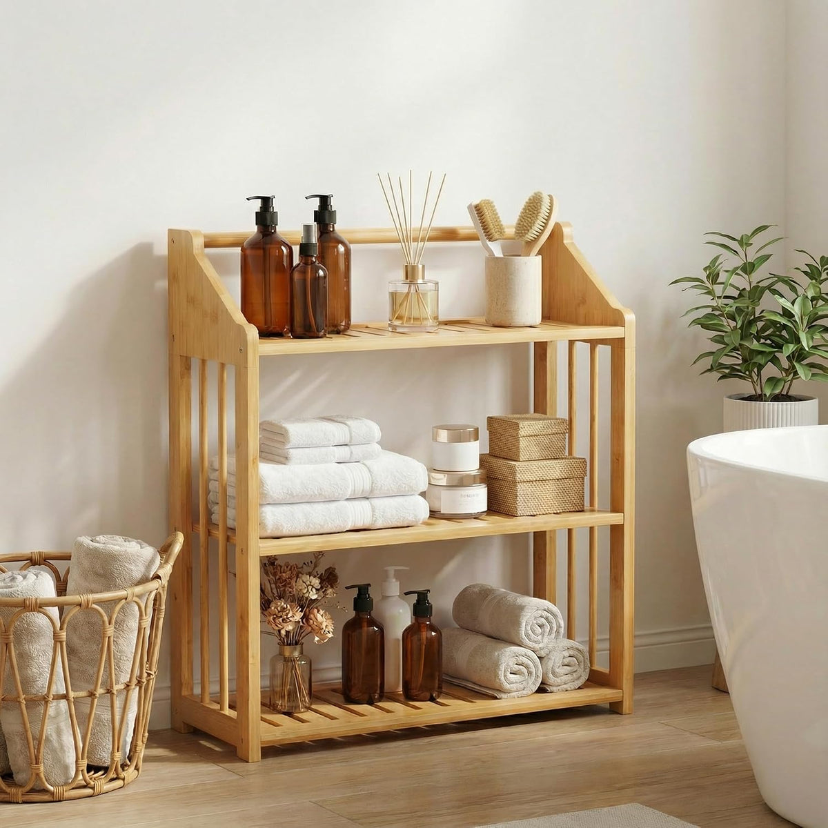 Goaste Bamboo Over The Toilet Storage Shelf, 3-Tier Wall Mounted Bamboo Rack Organizer, Floating Rack with Hanging Rod, Free Standing Shower Shelf with Adjustable Layer for Kitchen, Bathroom, Home