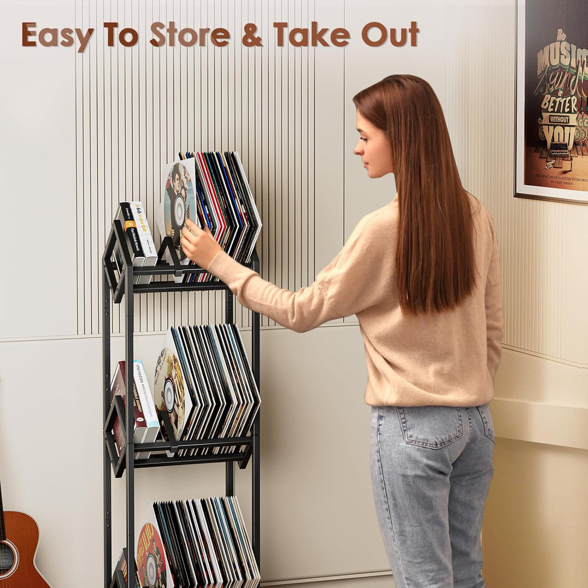 Vinyl Record Storage Rack, Record Holder 260-280 LP Storage Shelf Display Stand for Albums Books Magazines Files, Black Metal