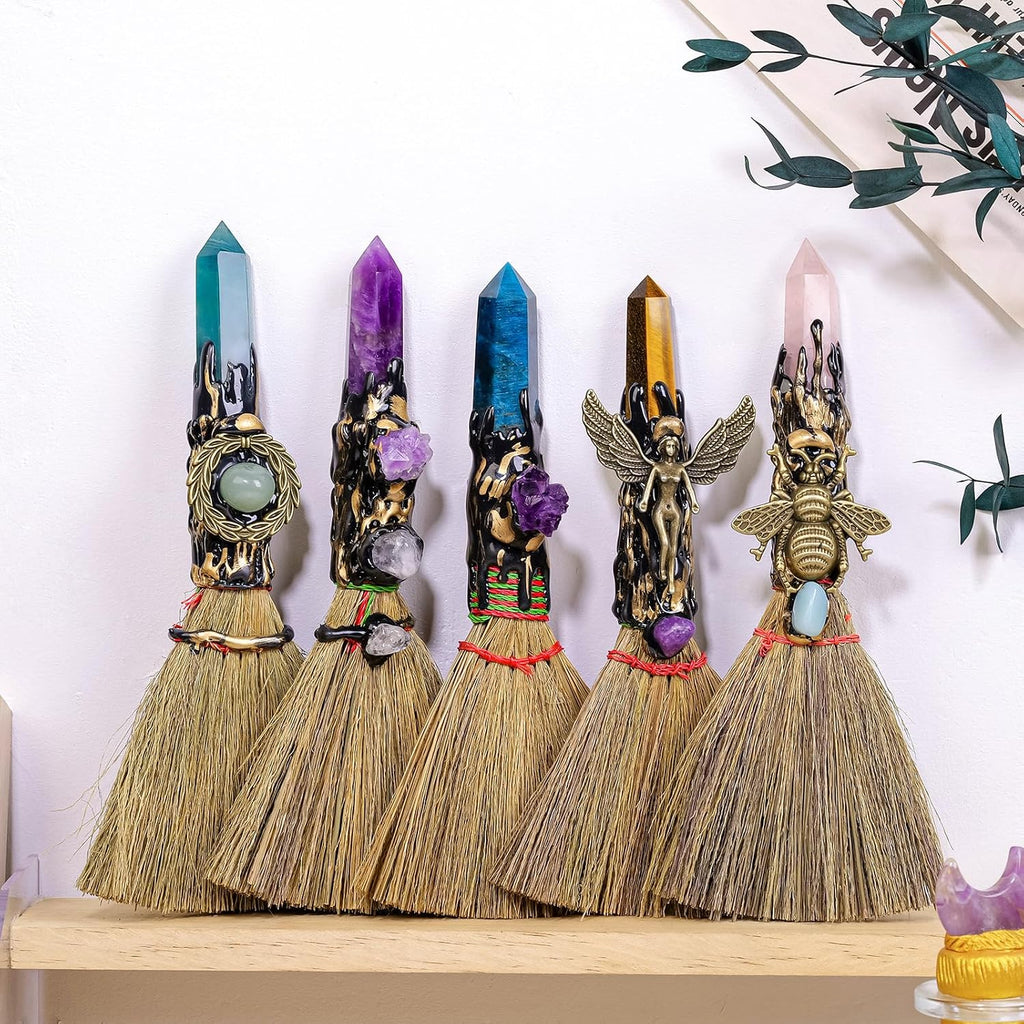 Witch Cinnamon Broom Natural Crystal Magic Sweeper Rose Quartz Tower Broom 7.08"-7.87" Healing Crystal Point Witch Altar Supplies for Crystal Therapy Cleaning Bedroom Office Home Decor Gift