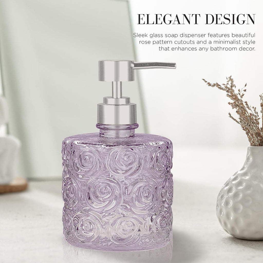 Marcella Glass Soap Dispenser with Soap Pump, Refillable 14 Ounce Capacity, Floral Design Rose Patterns, Heavy Weight Thick Glass for Bathroom, Premium Kitchen Soap Dispenser Lavender