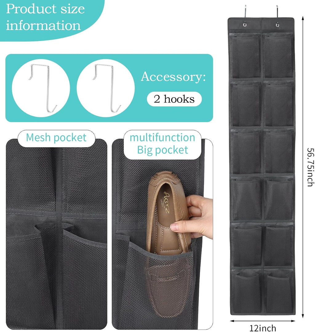 GOMAJI 12 Large Pockets Over The Door Hanging Shoe Organizer, DARK GRAY COLOR