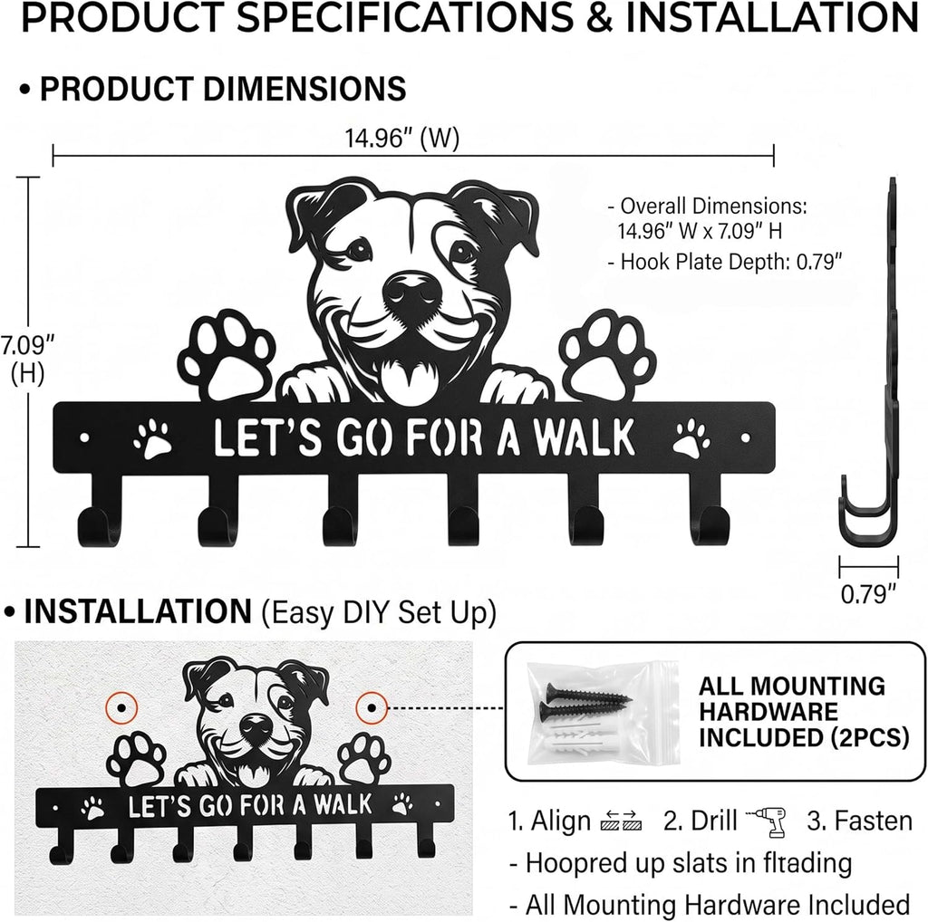 Metal 7‑Hook Pitbull Wall Dog Leash Holder, Pit Bull Dog Wall Art