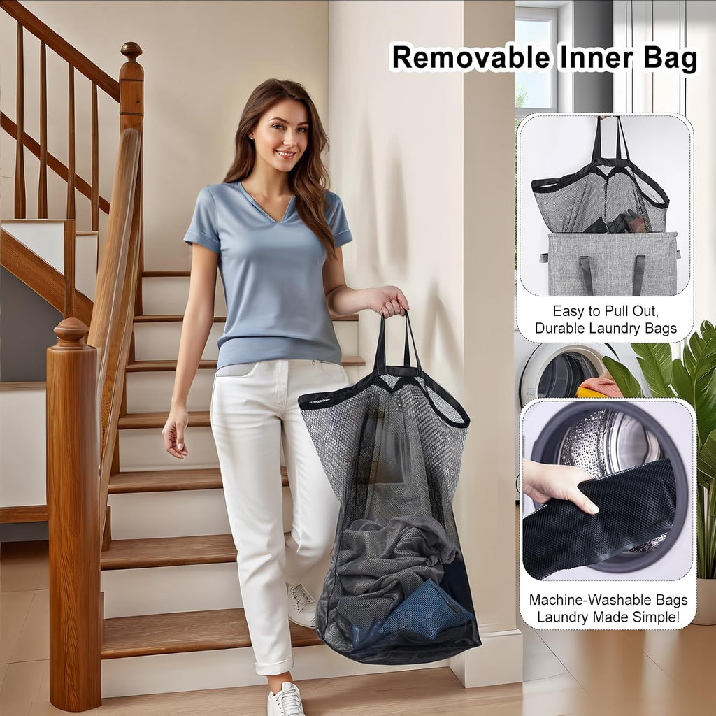 Odonata 75L Slim Laundry Hamper with Lid,Large Foldable Laundry Basket with Removable Bag and Handles Tall Collapsible Dirty Clothes Basket Great for Bedroom, Bathroom, Dorm, College,RV. (Grey, 75L)