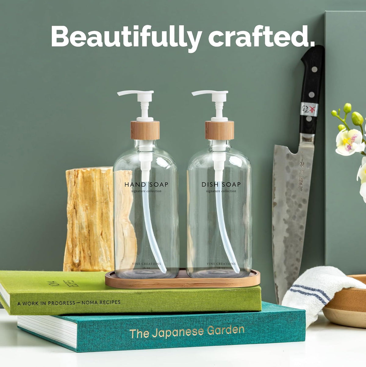 Vine Creations Clear Glass Soap Dispenser Set, Hand Soap and Dish Soap Dispenser Set with Bamboo Tray, 16 oz Glass Dispensers Bottle for Kitchen and Bathroom Decor Modern Boho with Bamboo Pump (Clear)