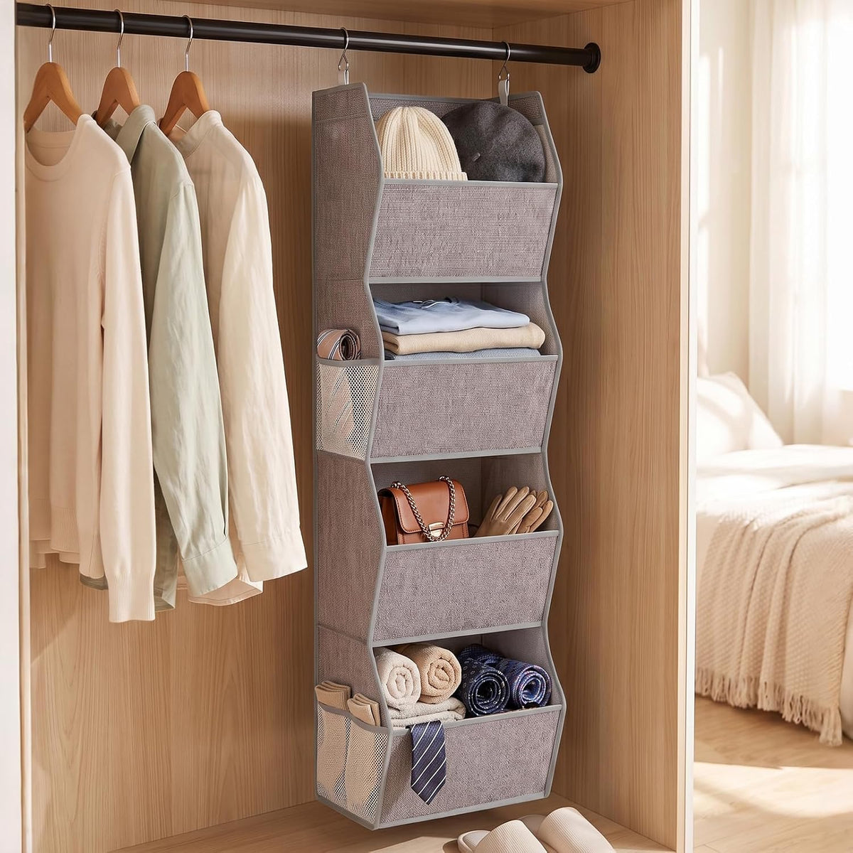 4-Shelf Hanging Closet Organizer, Wide Trapezoid Hanging Shelves with Side Mesh Pockets, Space-Saving Closet Storage Collapsible Fabric Storage Bins for Wardrobe, Heather Grey
