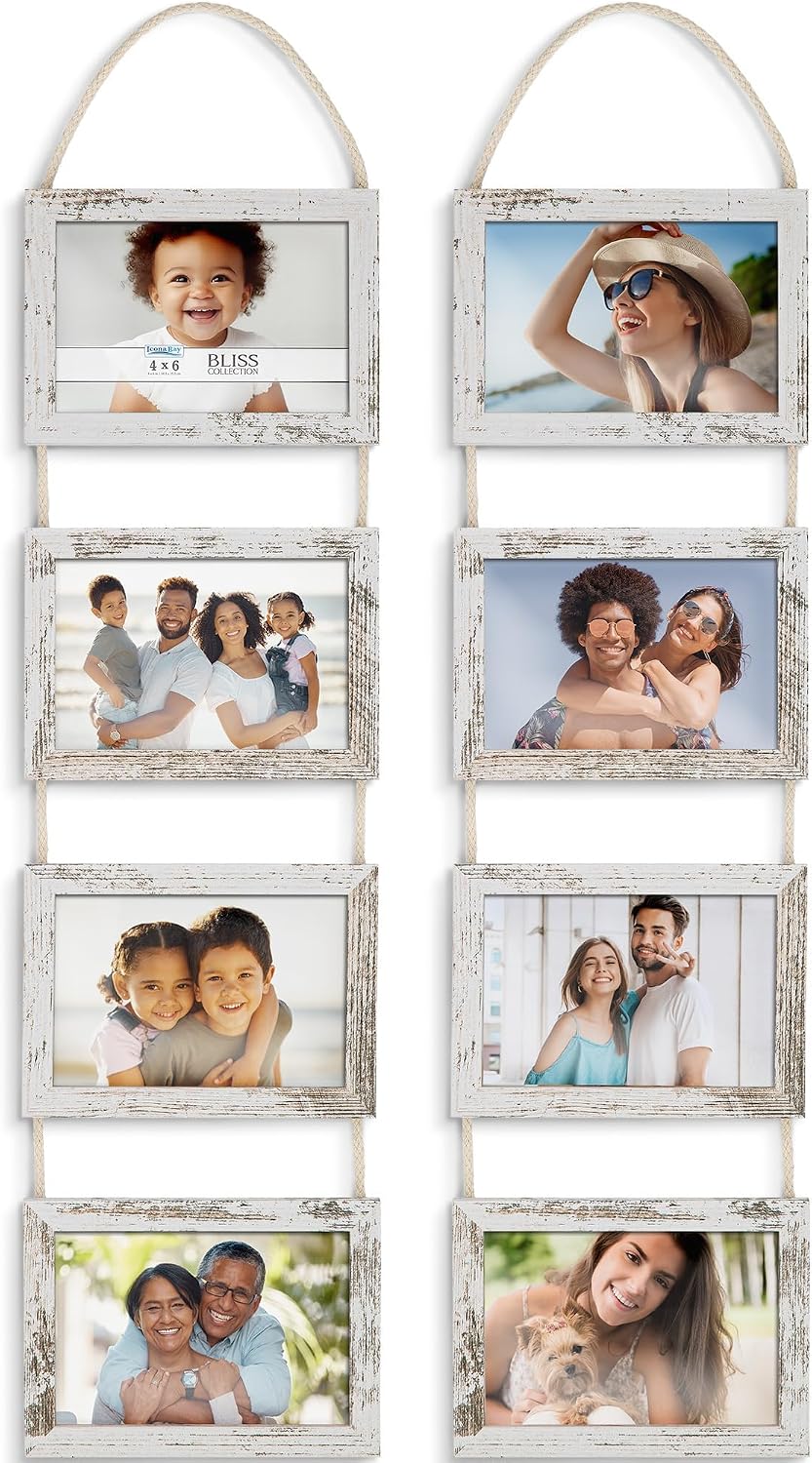 4x6 Hanging Picture Frames Collage with 8 Openings - Distressed White, 2 PK