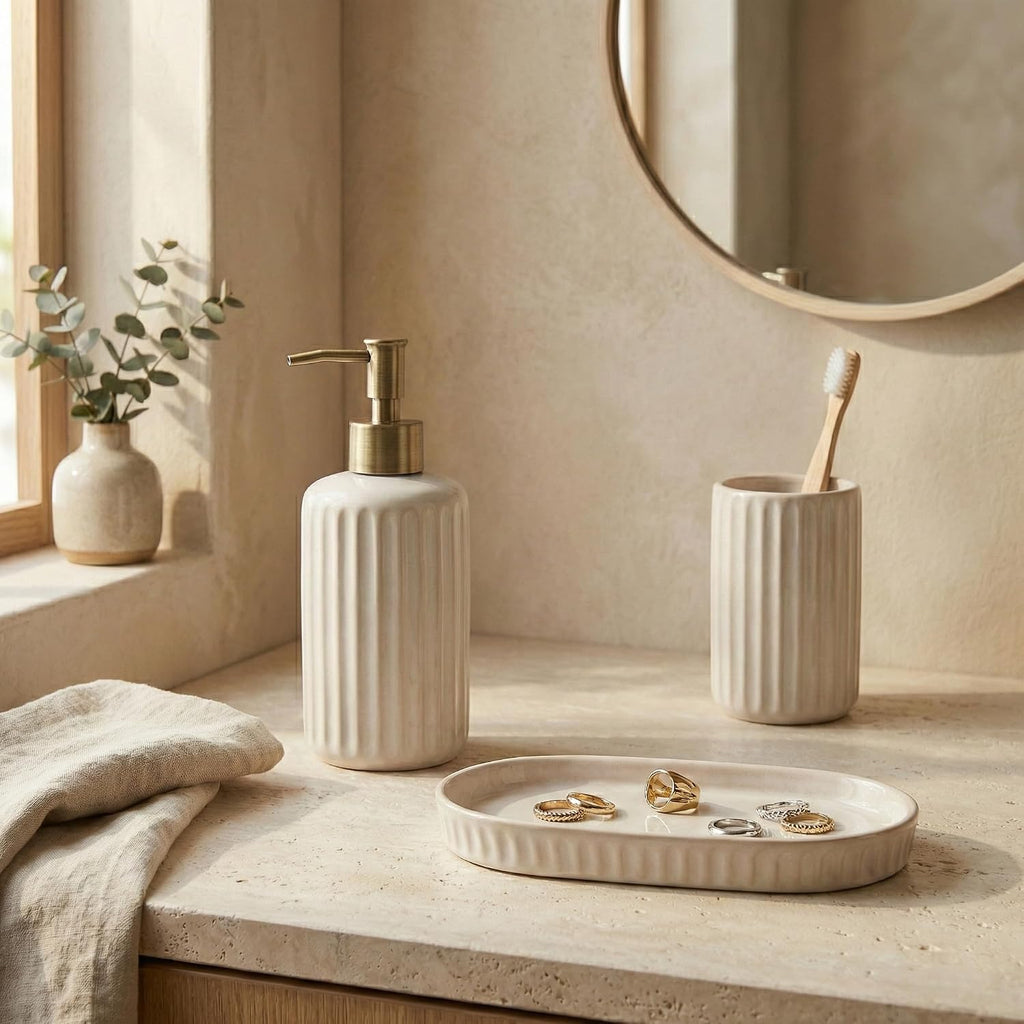 Sand White Ceramic Toothbrush Holder for Bathroom & Kitchen Countertop