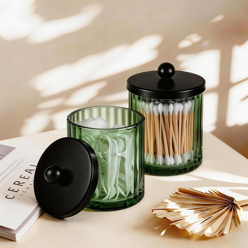 Amolliar Green Glass Apothecary Jar, Qtip Holder for Bathroom(Black 2 Pack)