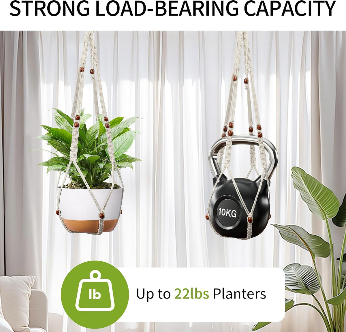 Macrame Plant Hanger - Fits 6-15 Inch Pots, Set of 2, Ivory