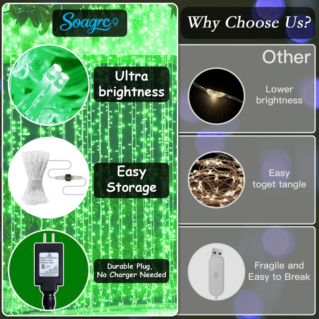 300 LED Green Curtain String Lights 9.8x9.8FT, Plug in Fairy Lights, 9 Hooks, Dimmable Timer 8 Modes, IP44 Waterproof, Gaming Room Wall Summer Patio Party Jungle Window Indoor Outdoor Decor