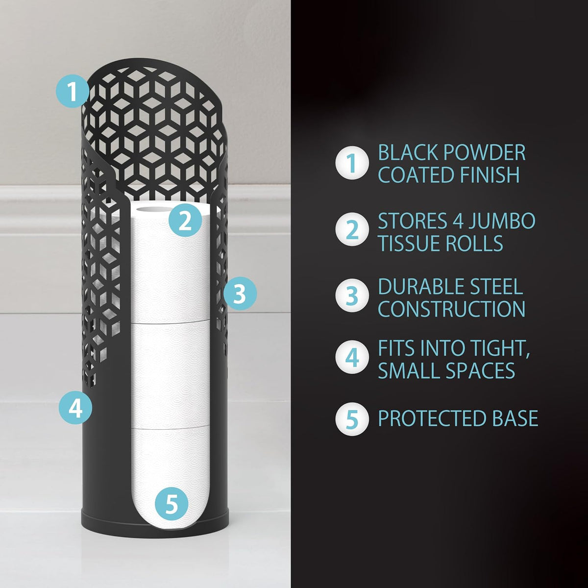 Better Living Rollo Hexacube Toilet Paper Reserve, 4 Rolls, Matte Black