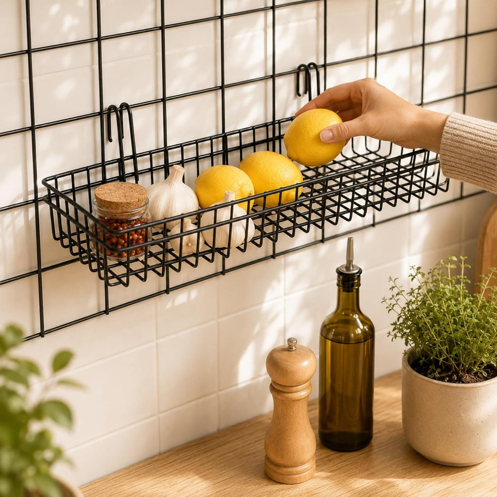 Black Metal Wire Hanging Basket, Multifunction Creative Mesh Wall Grid Holder Storage Organizer Plant Holder Shelf Flower Pots Black Coated