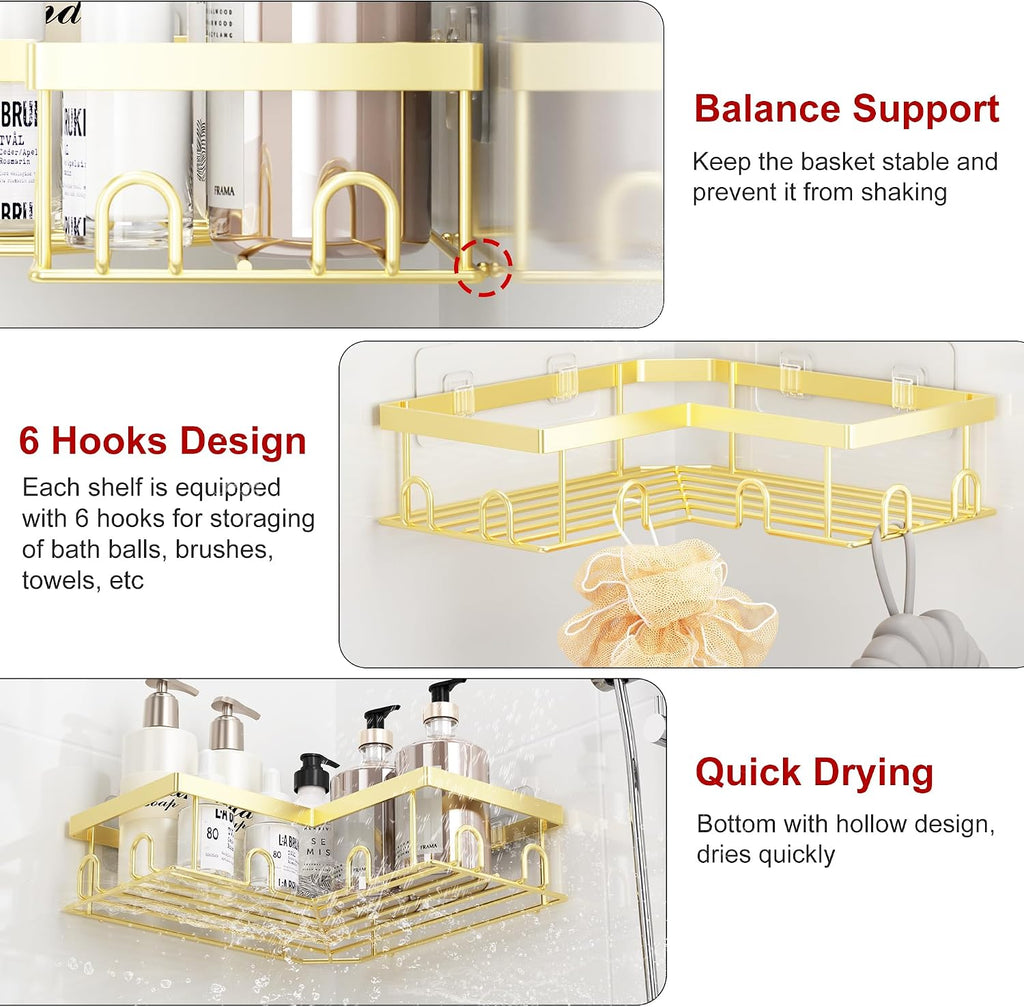Liuoud Corner Shower Caddy, 5 Pack Adhesive Stainless Steel Organizer, Gold