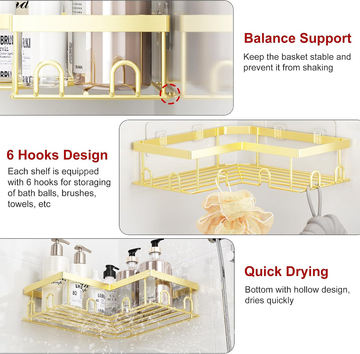Liuoud Corner Shower Caddy, 5 Pack Adhesive Stainless Steel Organizer, Gold