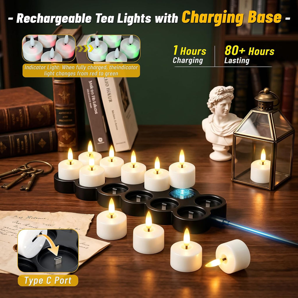 12 Pcs Rechargeable Flameless Candles with Remote Timer & Charging Base