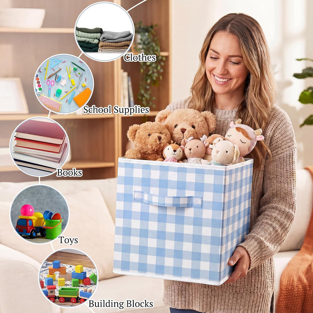 Yalikop 6 Pcs Blue Gingham Cube Storage Bins, 11 Inch Fabric Checkered Classroom Storage Bins Organizer with Handle Preppy Collapsible Cubby Basket for Classroom Home Nursery Playroom Bedroom