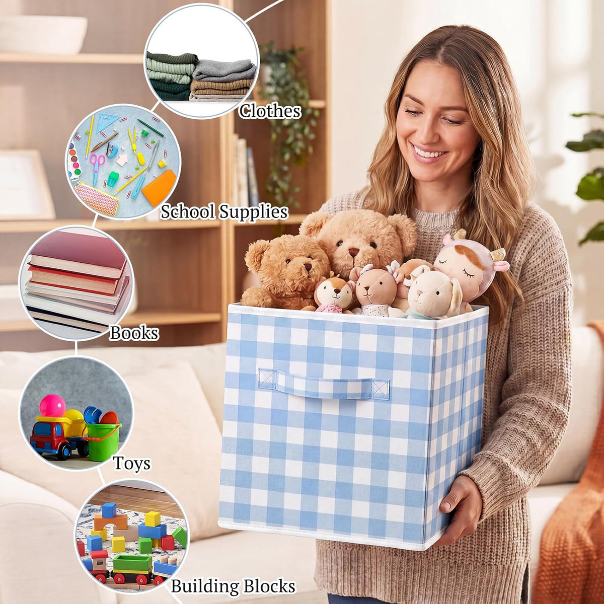 Yalikop 6 Pcs Blue Gingham Cube Storage Bins, 11 Inch Fabric Checkered Classroom Storage Bins Organizer with Handle Preppy Collapsible Cubby Basket for Classroom Home Nursery Playroom Bedroom