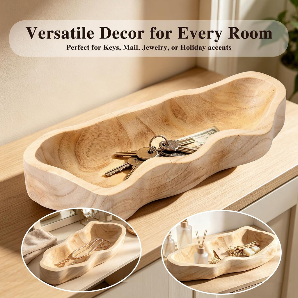 16 Inch Wavy‑Edge Wooden Dough Bowl, Large Decorative Bowl for Home Decor