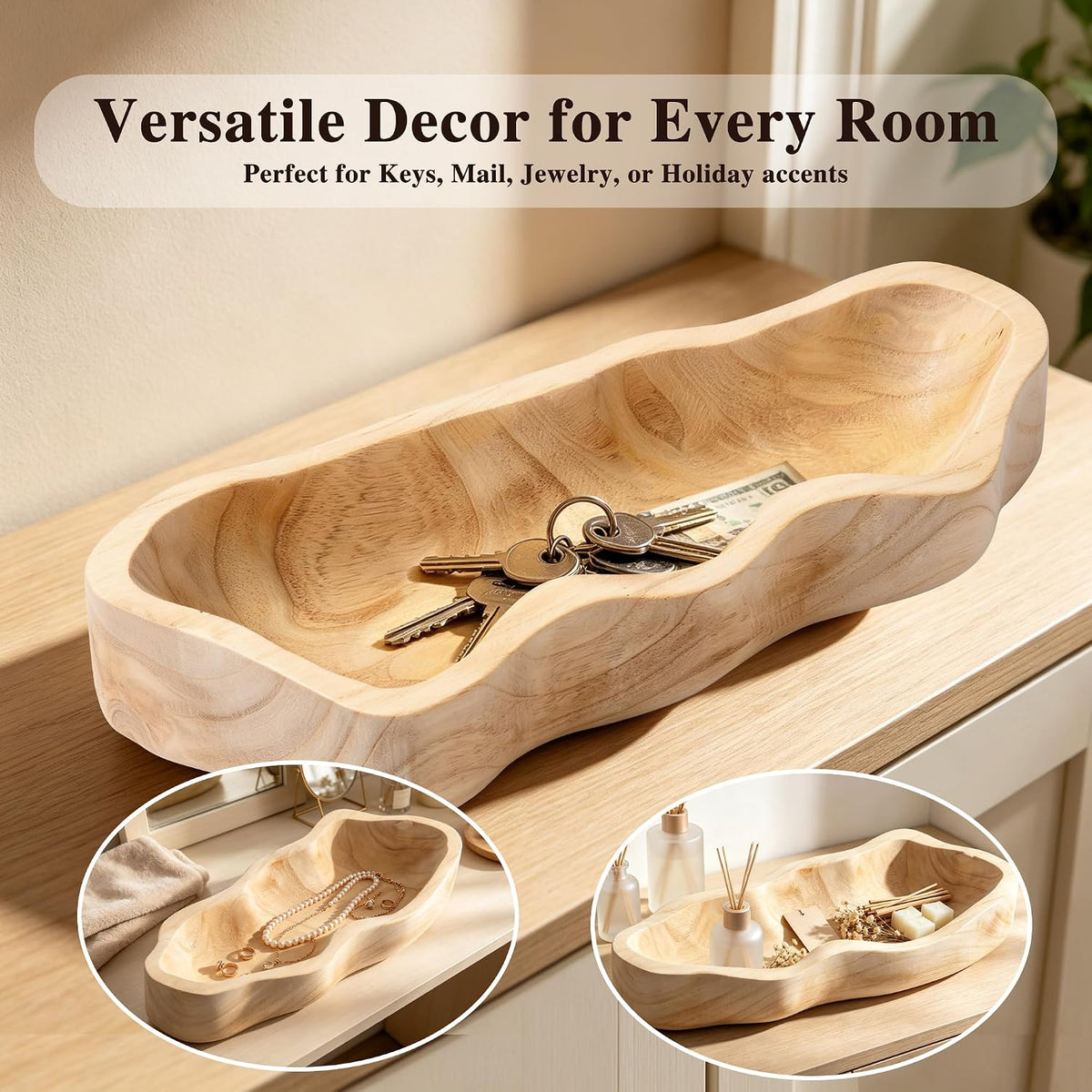 16 Inch Wavy‑Edge Wooden Dough Bowl, Large Decorative Bowl for Home Decor