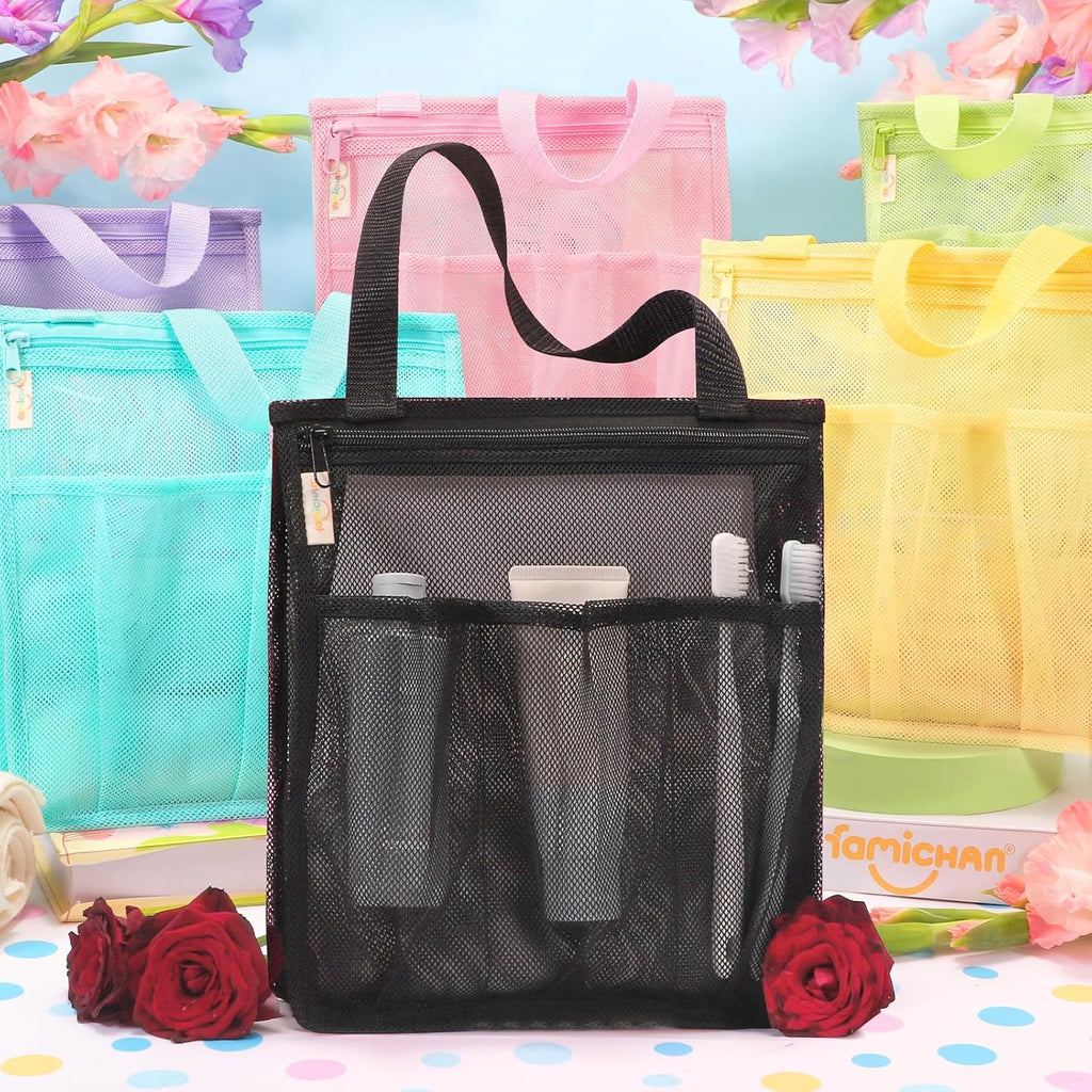 famichan Portable Mesh Shower Caddy, Gym Travel Camp Dorm Room Essentials for College Student Boy Girl, Bathroom Shower Bag - Black