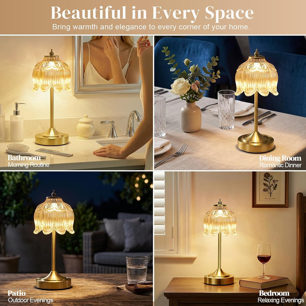 Amber Glass Flower Lamp, Rechargeable Cordless Table Lamp