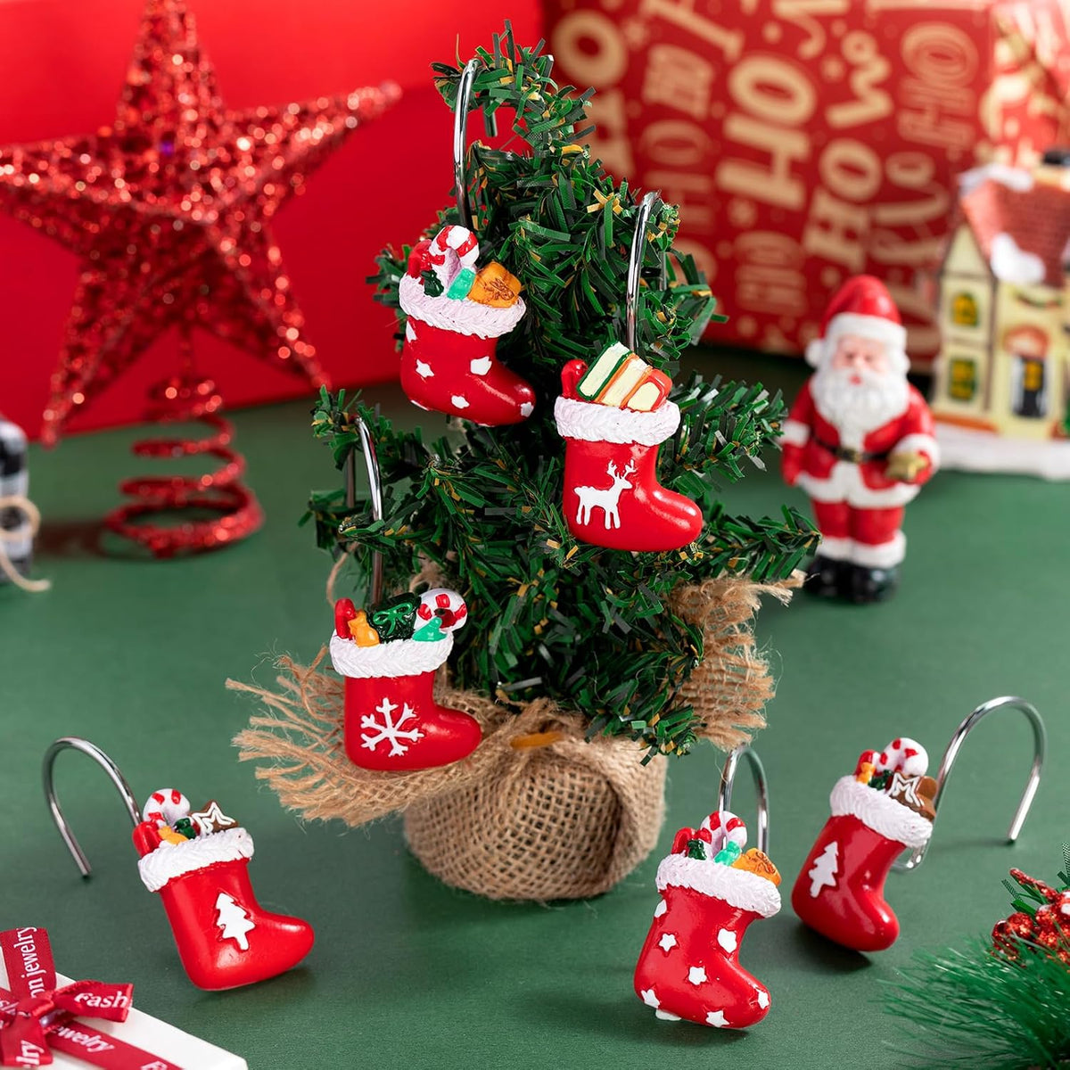 Yungyan 12 Pcs Christmas Shower Curtain Hooks Stocking Curtain Hangers
