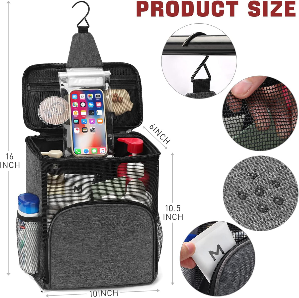 EIMMBD Hanging Shower Bag, Shower Caddy Portable Larger Capacity, Upgraded Toiletry Shower Tote for Gym Travel Camping, College Dorm Room Essentials (A Grey)