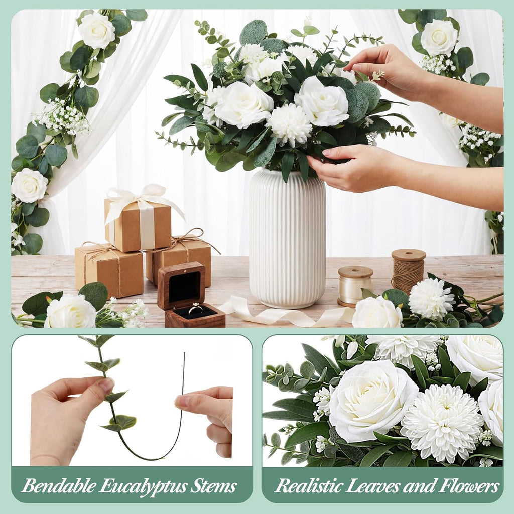 120 Pcs Green White Artificial Eucalyptus Stems and Faux Flowers, Mixed