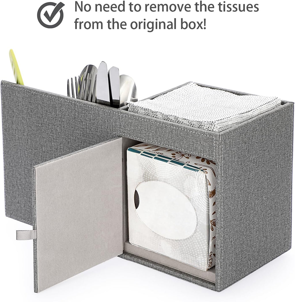 Sumnacon Square Linen Tissue Box Cover with Side and Top Organizer, Grey