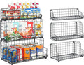 X-cosrack Stackable Wire Basket 3 Tier Countertop& Wall Mounted Metal Storage Basket for Kitchen Pantry Cabinet, Muti-functional Open Front Bin Organizer for Food Fruit Snack, Black