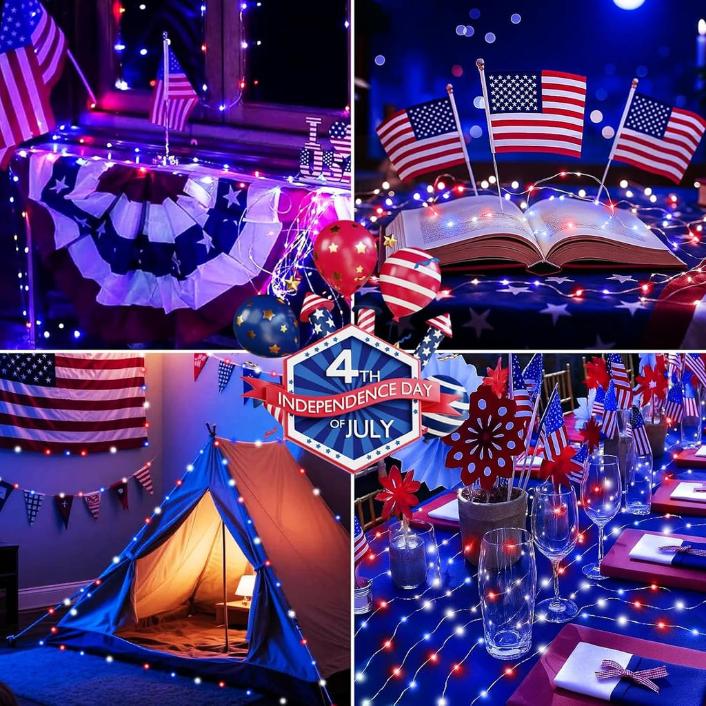 LAMPHOME Red White Blue Patriotic Fairy Lights Plug in, 33Ft 100 LEDs Waterproof Twinkle Firefly Lights, Adaptor Included Starry String Light for Independence Day Patriotic Holidays Decoration