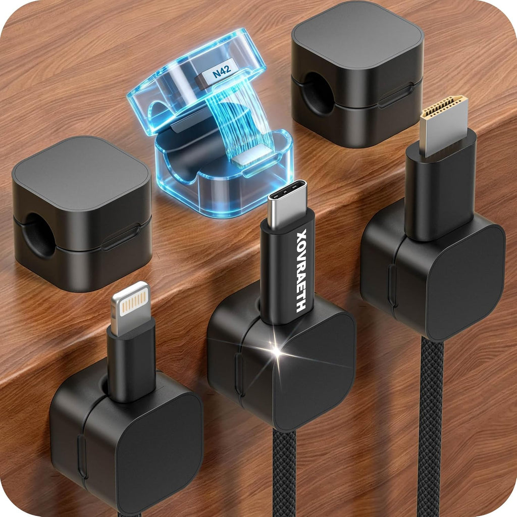 6-Pack Cable Organizer Clips, Magnetic Cable Holder (1s Lock), XOVRAETH Strong Adhesive Wire Management for Desk, Nightstand, Living Room, Kitchen, Office, Car(BlackB)