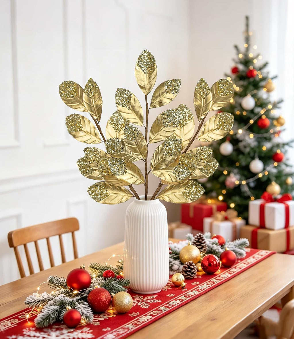 Hollyone Christmas Tree Picks and Sprays 3Pcs Gold Artificial Magnolia Stems Magnolia Leaves Branches Fake Gold Leaf Floral for Vase DIY Xmas Tree Garland Wreath Centerpieces Wedding Decor
