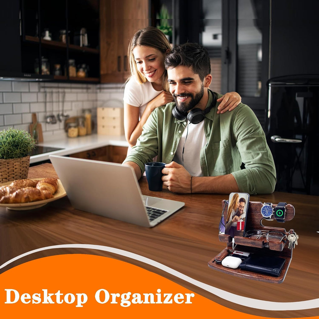 VEIYAILU Gifts for Men Women Dad Husband Son Boyfriend Him Desk or Nightstand Organizer Birthday Gifts Wood Phone Docking Station Anniversary Idea from Wife - Key Holder, Watch (Dark Brown)