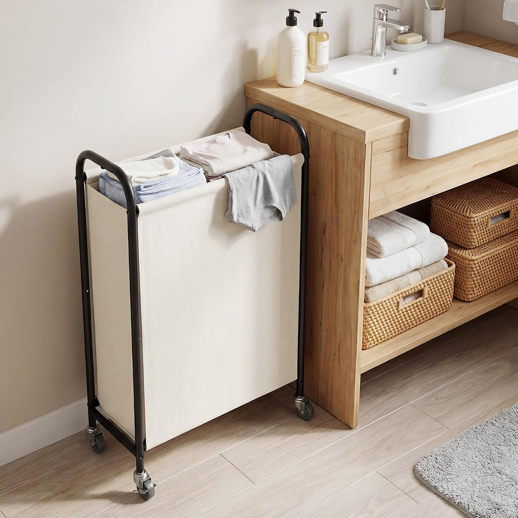 GRANNY SAYS Laundry Hamper, Slim Basket with Wheels and Handles, Beige, 80L