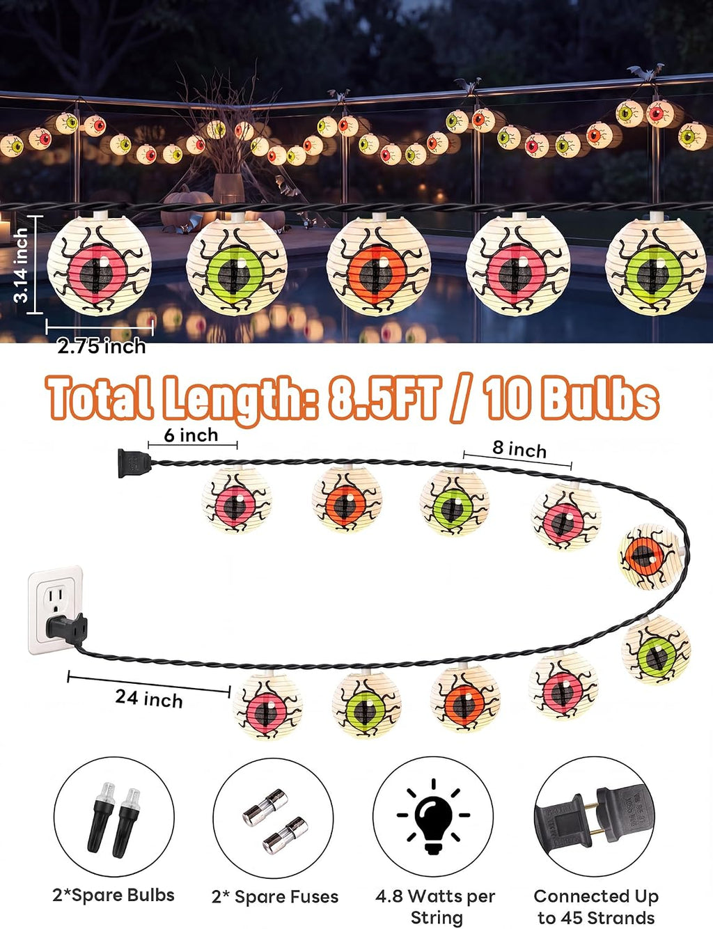 Halloween Lantern String Lights, 8.5Ft LED White Eye Lantern String Lights Plug in, 10 Halloween Lanterns String Light Connectable Indoor/Outdoor Decoration