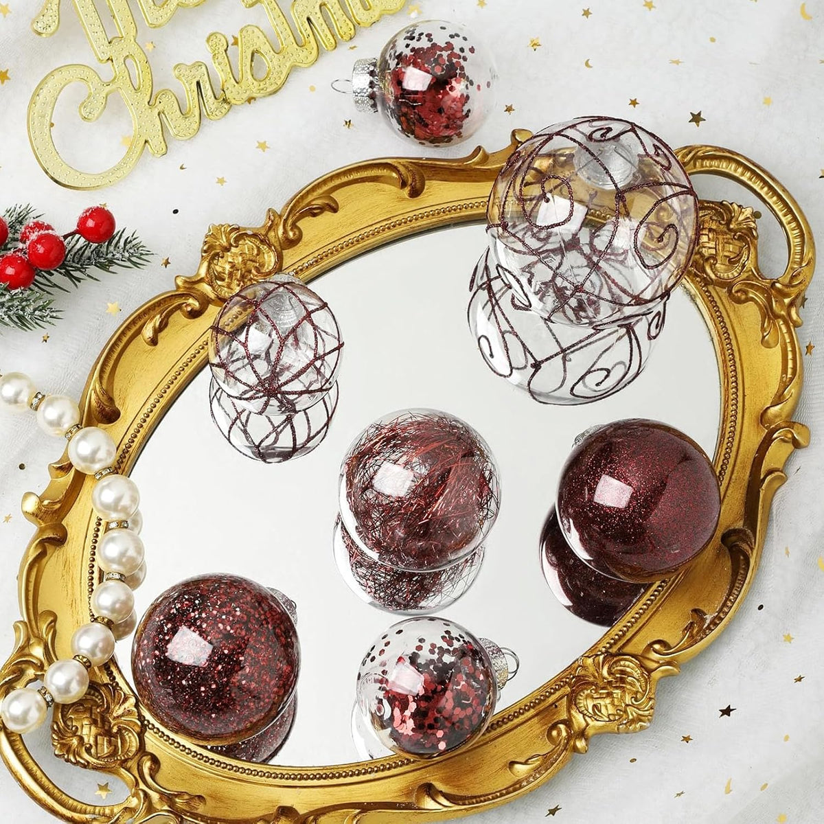 Wironlst Christmas Ball Ornaments Shatterproof Clear Large Plastic Hanging Ball Decorative Baubles Set with Stuffed Delicate Decorations (Multi-Siz, Burgundy)