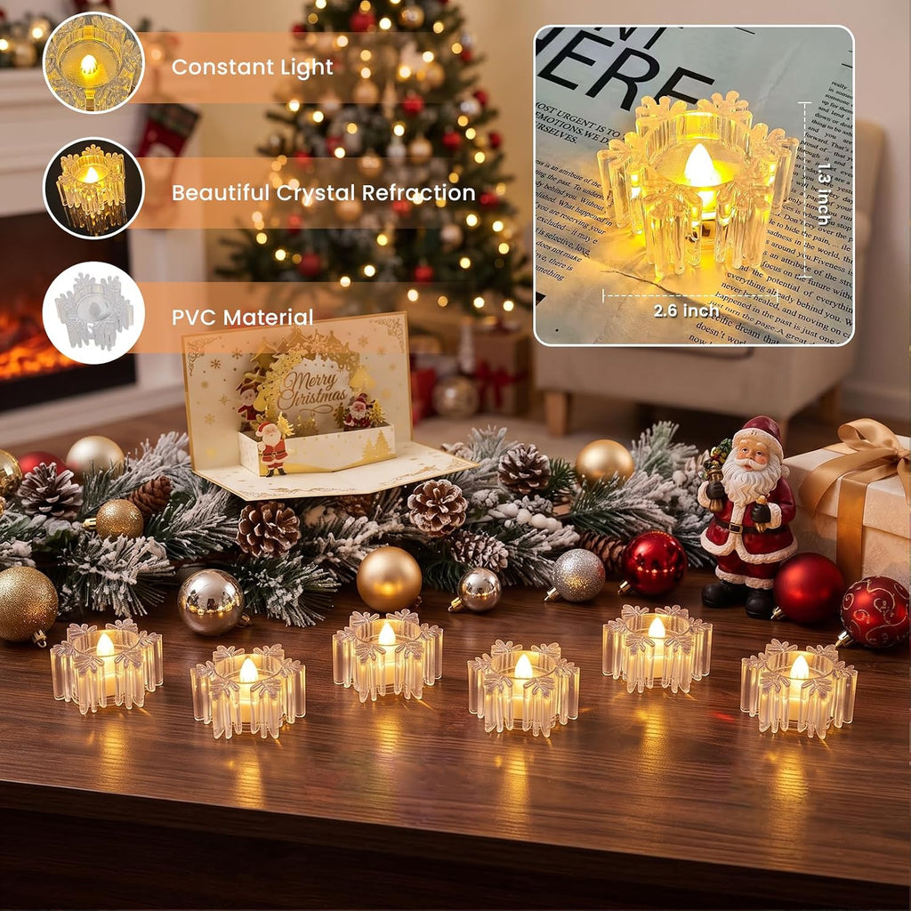 AVEKI 12 Pack Crystal Flameless Tea Lights Candles Battery Operated, Snowflake Flameless Tealight Candles for Halloween Christmas Wedding Party Home Decor (Snowflake)