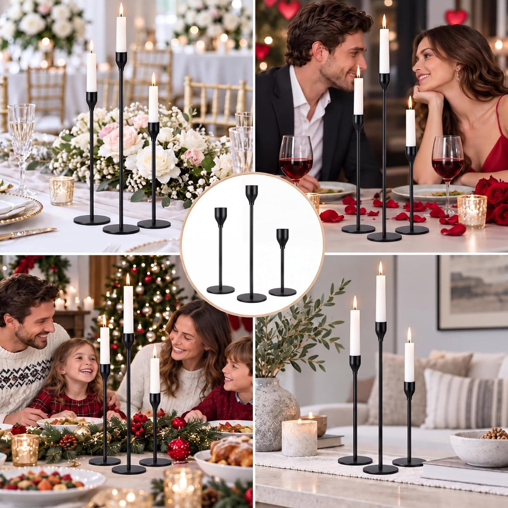 18 Pcs Black Tall Taper Candle Holders, 3 Sizes, Fits 3/4" Candles