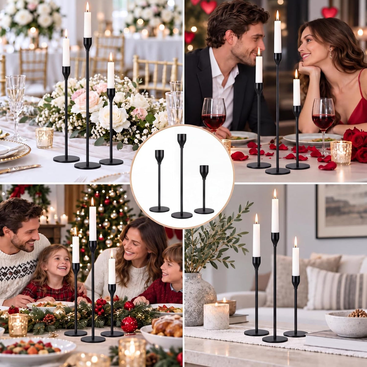 18 Pcs Black Tall Taper Candle Holders, 3 Sizes, Fits 3/4" Candles