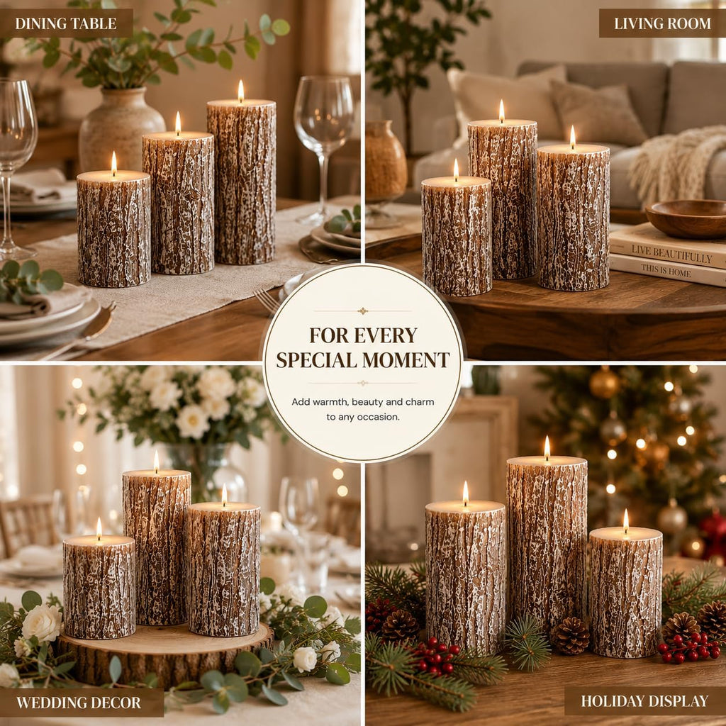 Rustic Pine Tree Pillar Candle Set of 3, Unscented Home Decor