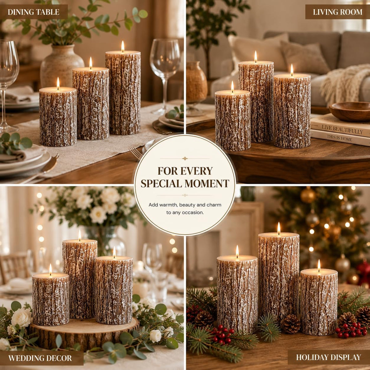 Rustic Pine Tree Pillar Candle Set of 3, Unscented Home Decor
