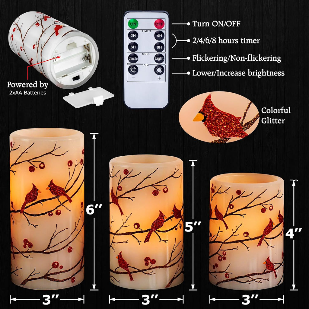 Cardinal Flameless Candles with Timer, Battery Operated Led Flickering Light, Red Bird Real Wax Pillar Candles for Christmas Home Decoration(Set of 3, 3”x4”5”6”)